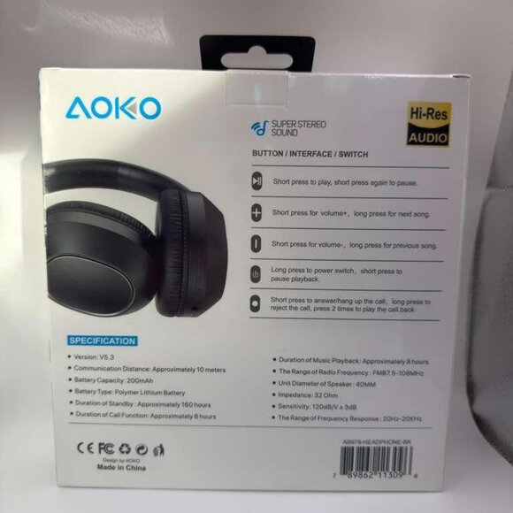 AOKO Wireless Headphones Bluetooth 5.3 Over-Ear – 12 Hours Playtime – Black - Picture 2 of 3